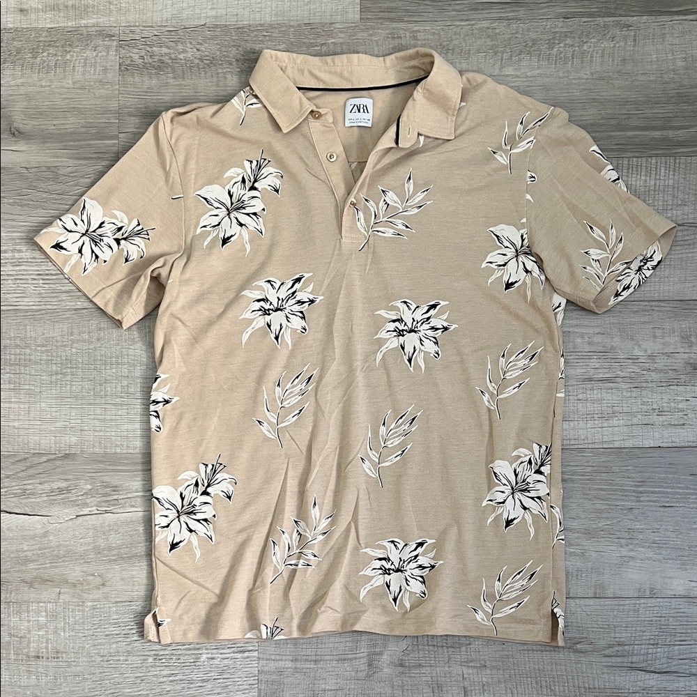 Zara Men's Tan Floral Polo Shirt Large